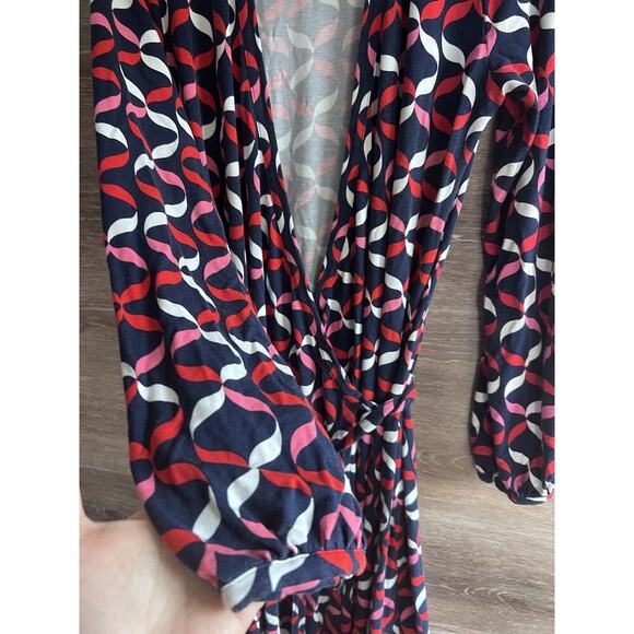 Boden wrap dress Sz 12 Geometric Midi Stretchy Comfy Tie V Neck XL - Picture 5 of 10